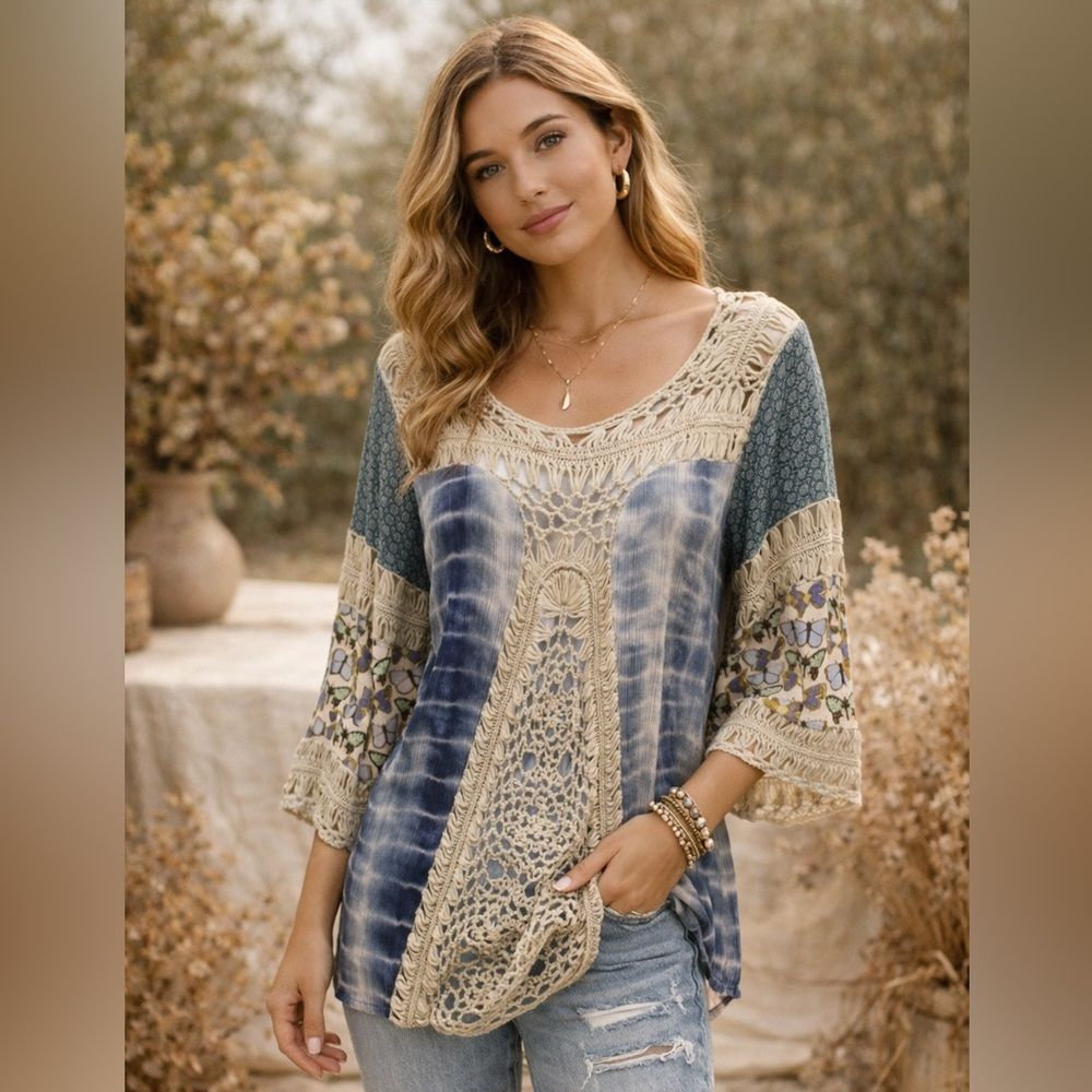 John‎ Mark Boho Crochet Butterfly Blouse Size Medium Top